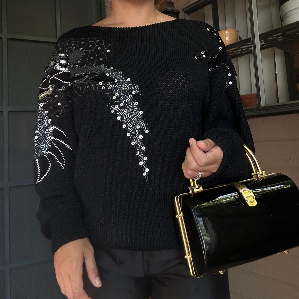 Vintage Nannell sequin accent black round neck sweater